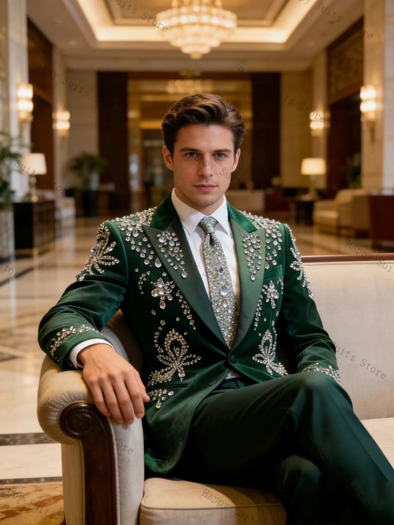 

Green Velvet Men Suit Set 2 Pcs Groom Blazer+Pants Trousers Crystals Formal Office Coat Wedding Tuxedo Customized Jacket Outfit