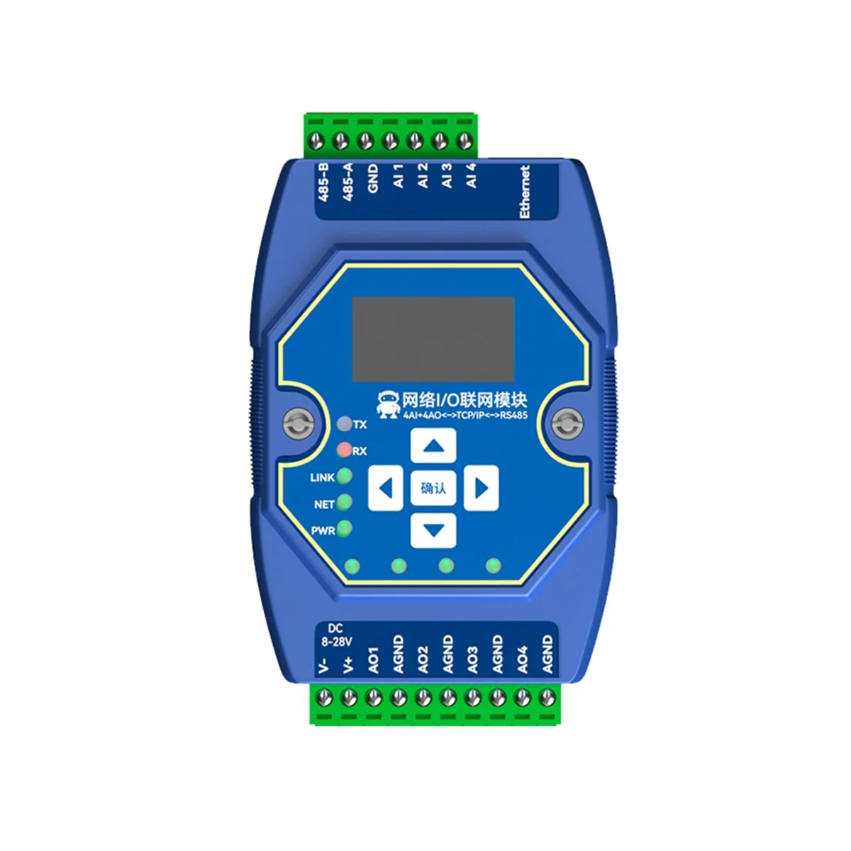 

4-ходовой пульт дистанционного управления сбора Modbus TCP I/P сетевой модуль 4AI + 4AO 0-20MA RJ45 RS485 Modbus шлюз OLED