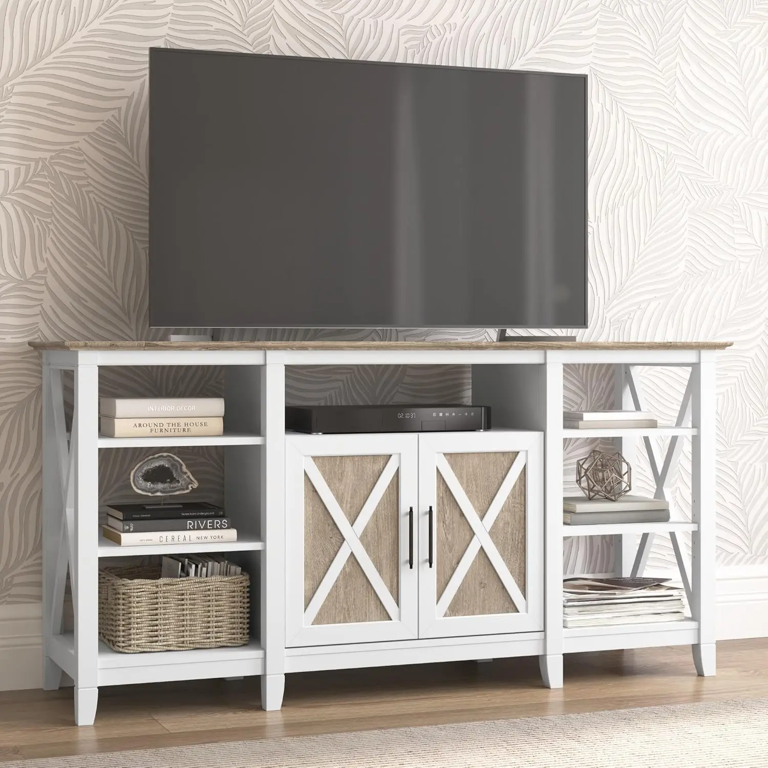 Tall TV Stand, Shiplap Gray/Pure White, Screens up to 65-Inch