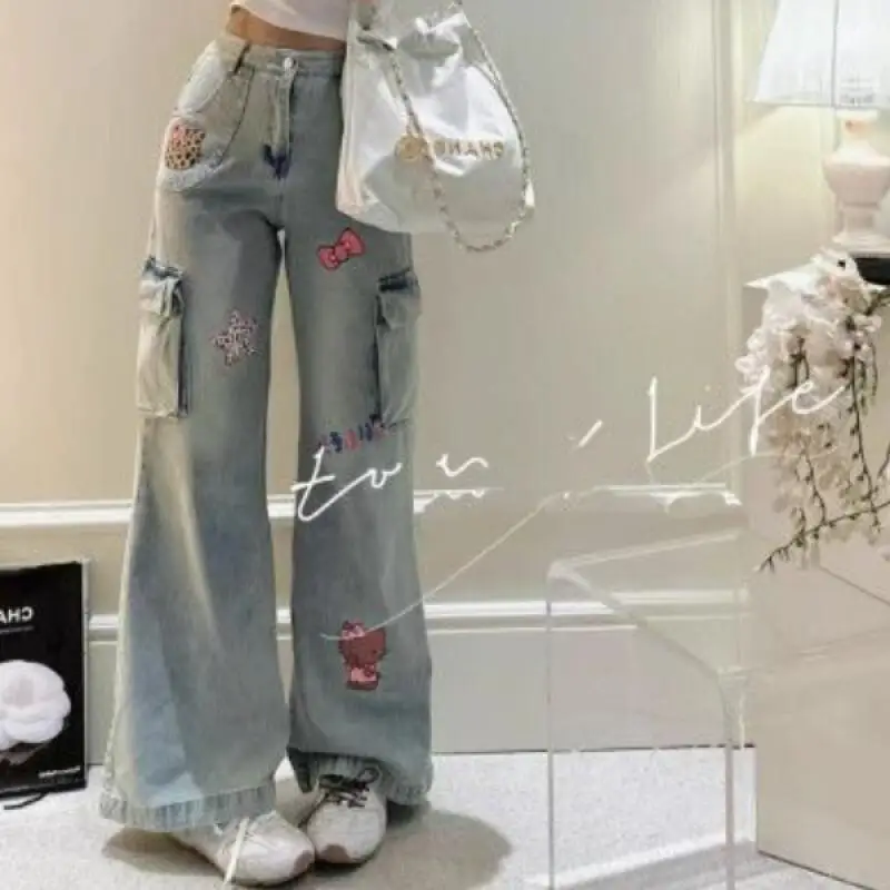 Sanrio novo bonito jeans olá kitty jeans estilo americano retro graffiti solto olhar mais fino estudante calças retas menina