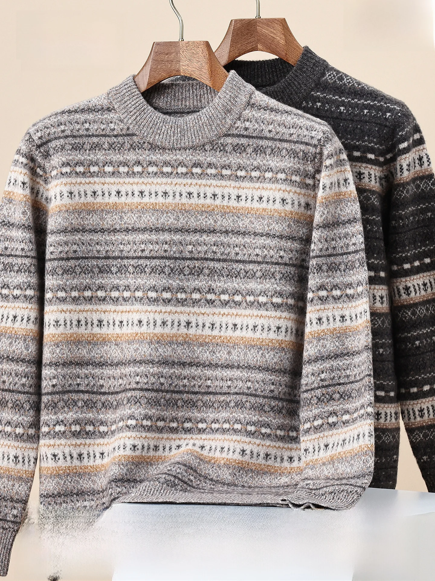 100% Pure Wool Knitted Sweater Men's Fashion City Style Half High Collar Vintage Knitwear Autumn New Arrival Texture Design