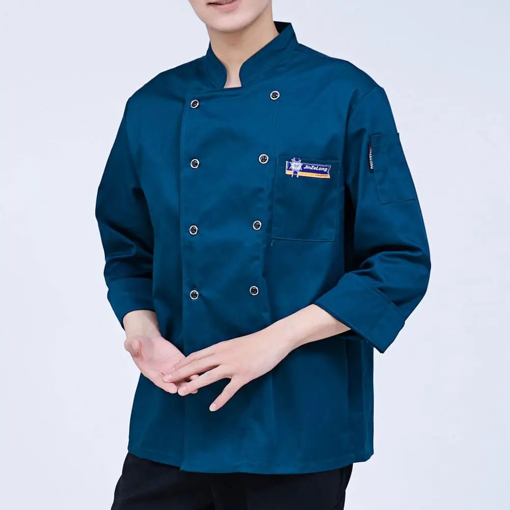 Chef Top Solid Color Pocket Long Sleeve Lightweight Double-breasted Cooking Stand Collar Plus Size Long Sleeves Cook Uniform Adu