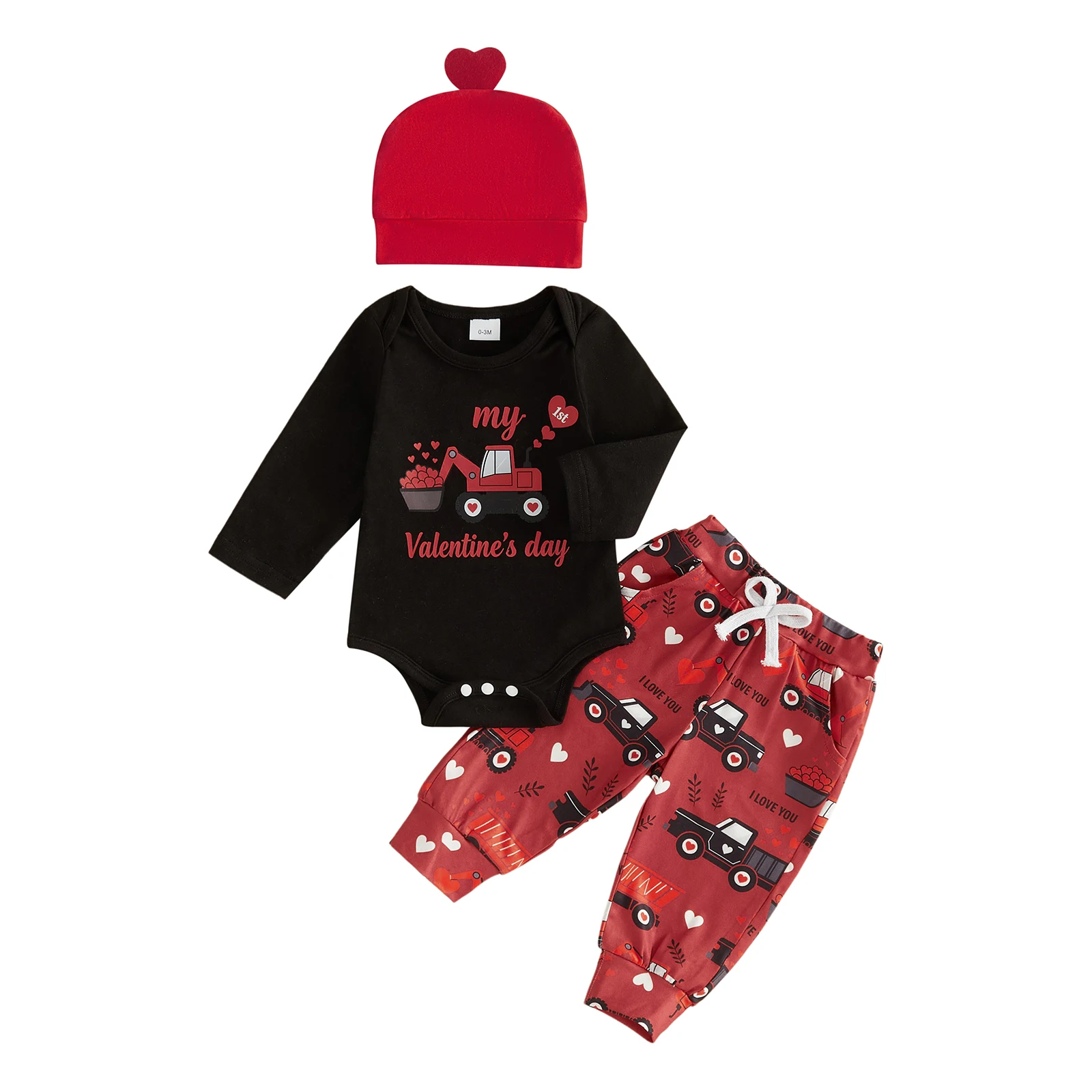 Infant Baby Boys Valentines Outfit Long Sleeve Printed Romper Pants Hat