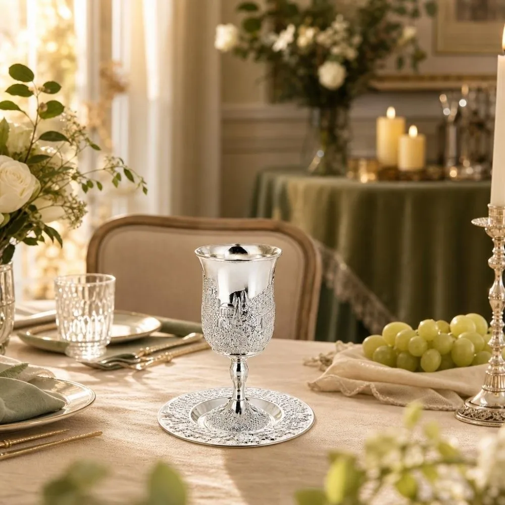 Decorative Zinc Alloy Kiddush Cup Set Silver European Style Ceremonial Cup Set with Tray Elegant Wine Cup Set Wedding Ceremonies