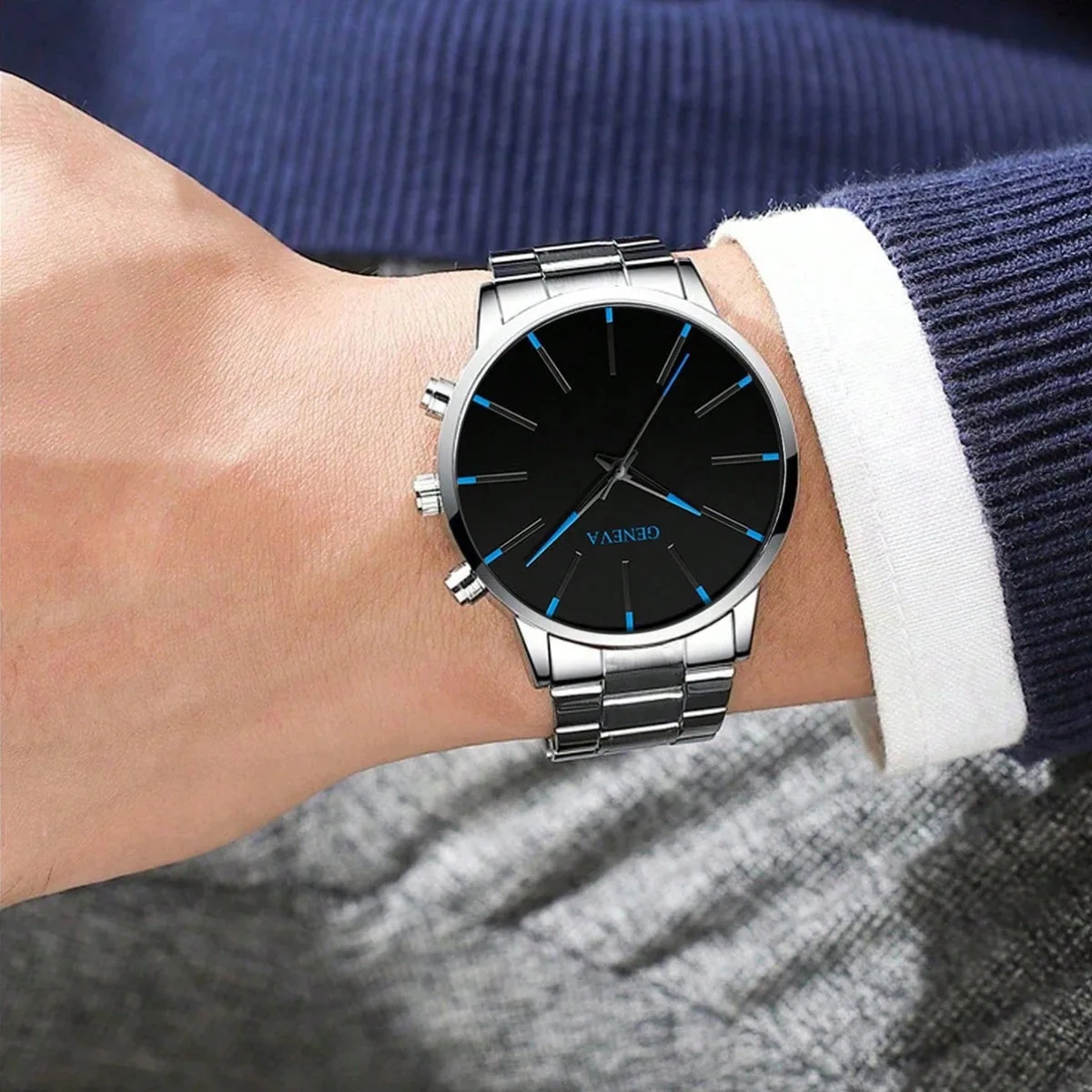 Men Wrist Watch Set Blue Pointer Steel Band Glass Quartz Watch Daily Business Dress,  Christmas, Halloween Gift