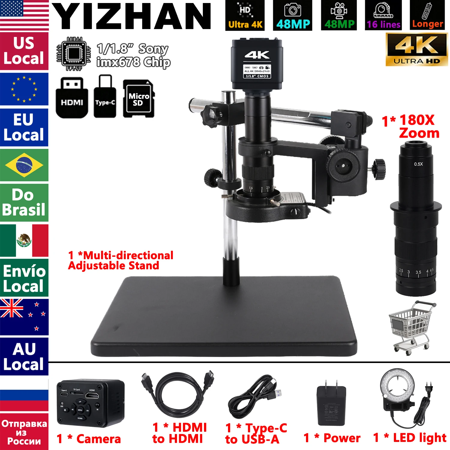 4K UHD professionele industriële microscoop voor solderen, HDMI USB digitale microscoopcamera 1/1.8 "imx678 sensor 215X 150X lens