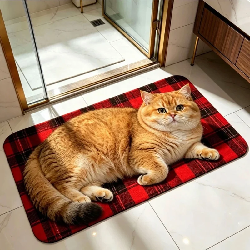 VIKAMA Pet Door Mat Absorbent Chubby Cat Buffalo Plaid Kitten Welcome Rug Entryway Floor Mat Home Decor Living Room Decor