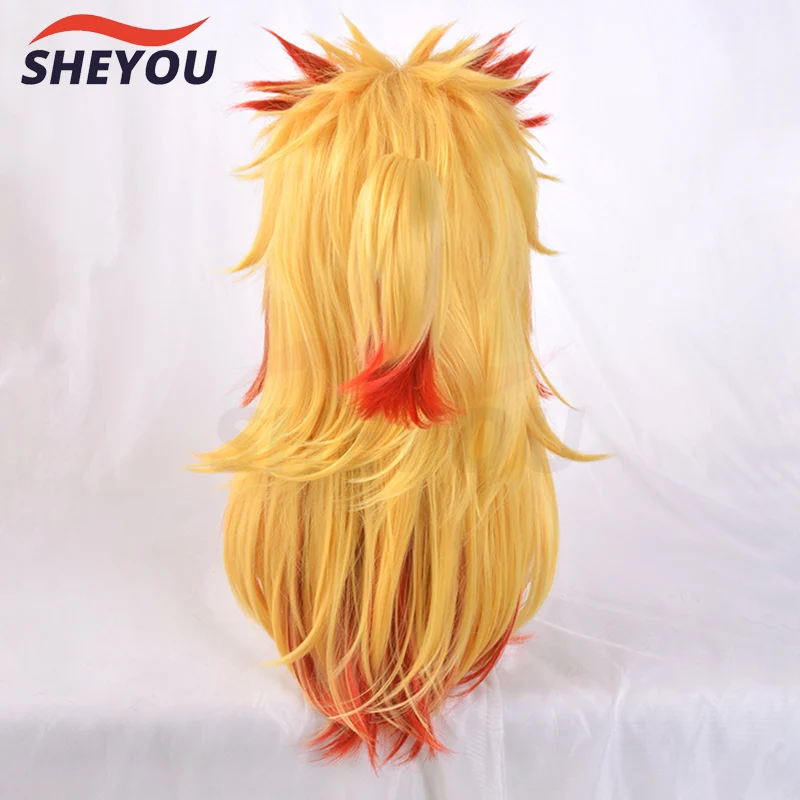 Perruque Blonde Ombrée Rengoku Kyoujurou pour Homme et Femme, Costume de Cosplay, Cheveux de Cheval, Bonnet, Degré de Chaleur