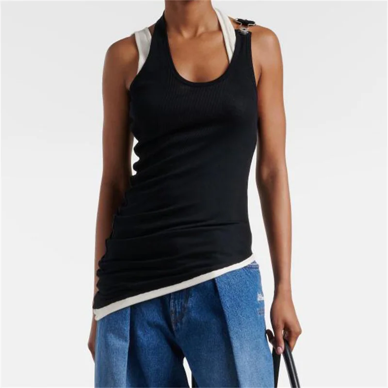 

Women's vest New elastic knitted sleeveless top for summer 2025 Asymmetric slim women's corset Double layered fabric Tank top