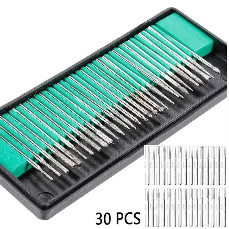 

30pcs/lot Shank Diamond Burs Set With Box For Electric Grinder Power Accessories Abrasive Drill Bit Rotary Tool Sets 2.35mm/3mm