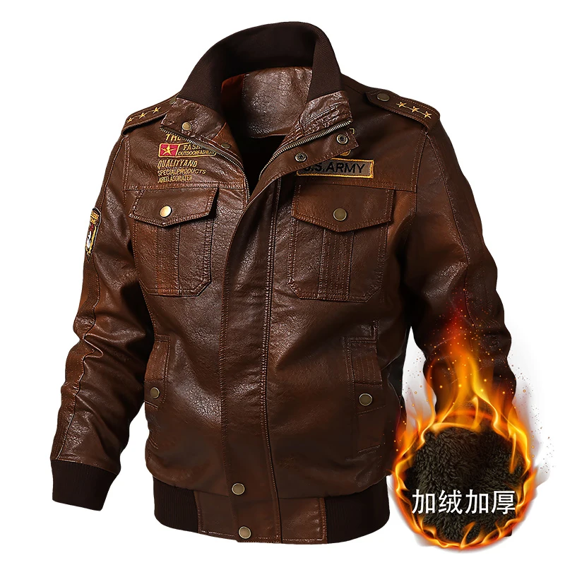 Men Classic Winter PU Leather Jacket Fleece Thicken Motorcycle Biker Outwear Windproof Wear-resistant Anti-wrinkle Overcoat