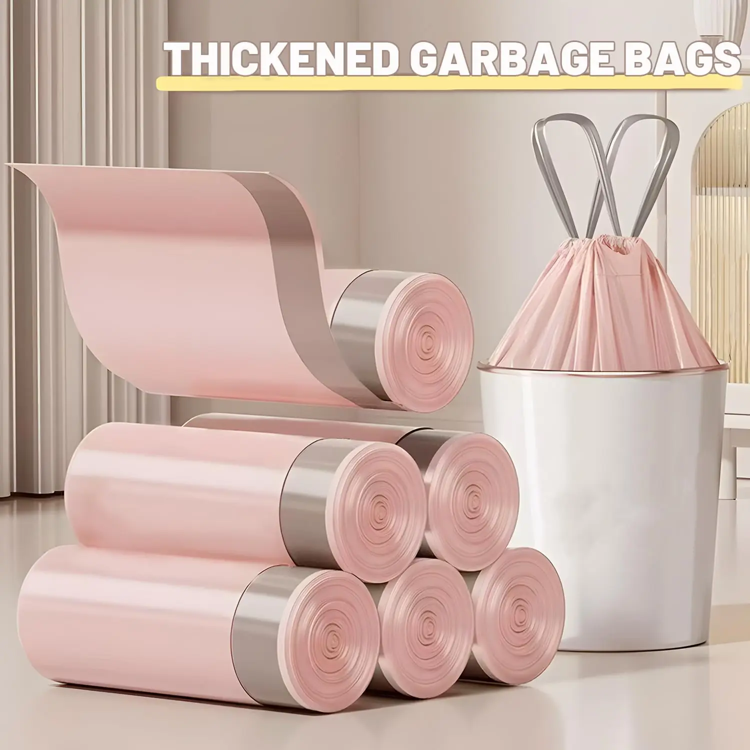 50 Count per Roll Pink Drawstring Trash Bags 45x42cm, Leak Proof Small Garbage Bags with Handles, Easy Tie Plastic Trash Can Liners for Bathroom Bedroom Office Car Kitchen Dorm, Cute Pink Wastebasket Bags for Women Girls Apartment, 1 2 4 8 Rolls