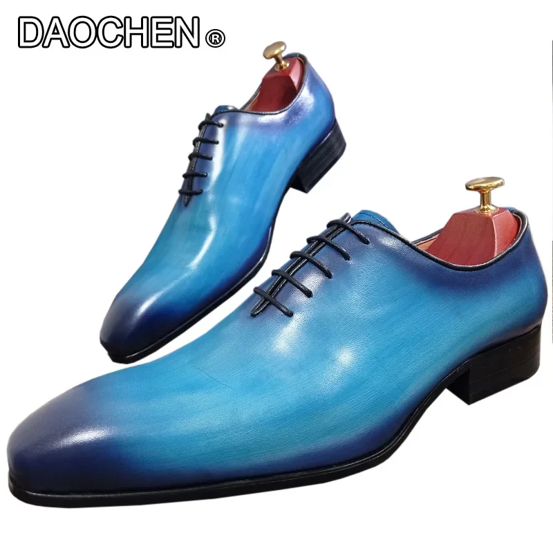 LUXURY BRAND MEN'S OXFORD SHOES LACE UP POINTED TOE BLUE BLACK FORMAL DRESS MAN SHOES WEDDING BUSINESS LEATHER SHOES MEN