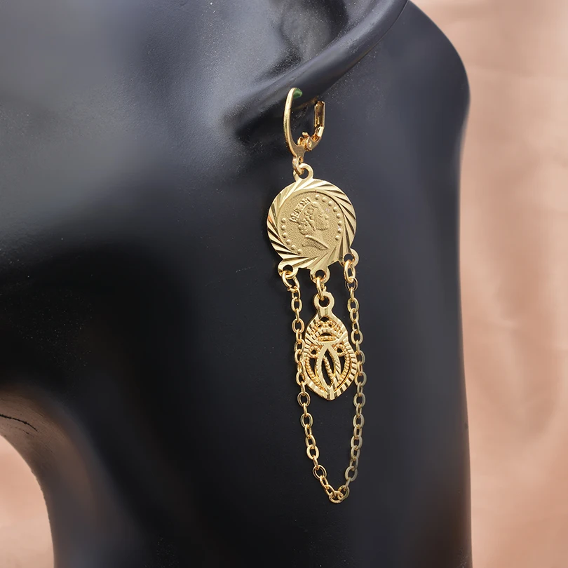 Gold Color Queen Elizabeth Coin Long Tassel Drop Earrings For Women Vintage Ethnic Hollow Earring Arabic Wedding Jewelry