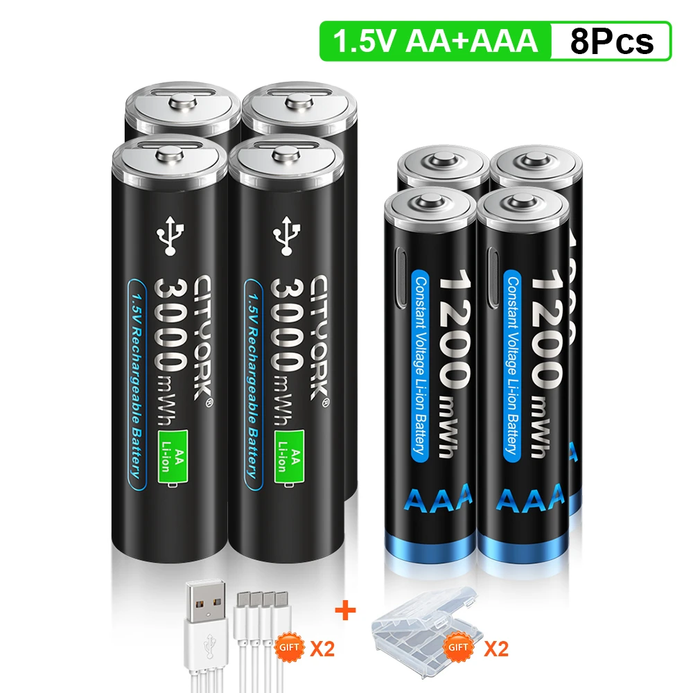 cityork-15v-aa-および-aaa-充電式リチウムイオン電池-2a-3000mwh-3a-1200mwh-リチウム-usb-バッテリー-リモコン玩具用-ケーブル