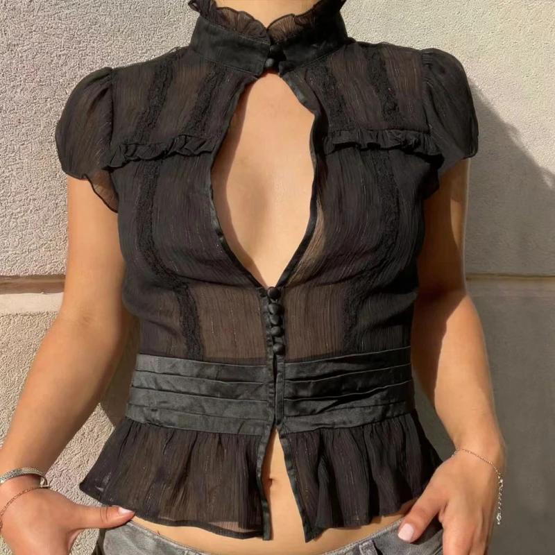 2026 Spring New Sexy Hollow High Neck Chiffon Micro Transparent Slim Short Sleeve T-shirt Top