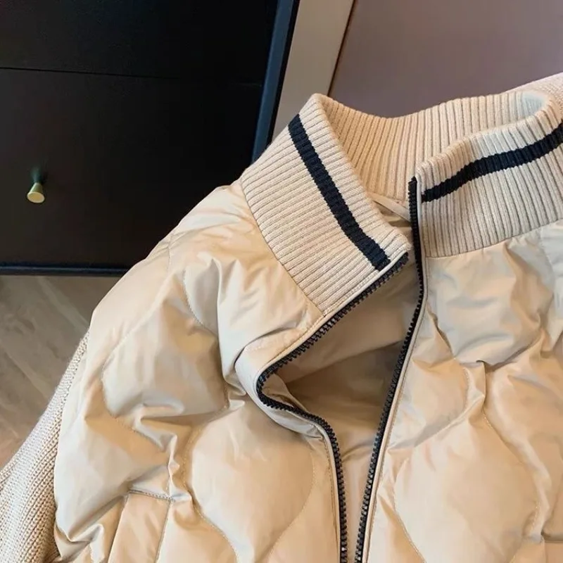 Stand-up Collar Rhombus Cotton Clothes Women's Winter American Retro Knitted Splicing Design Jacket Baseball Clothes Exquisite