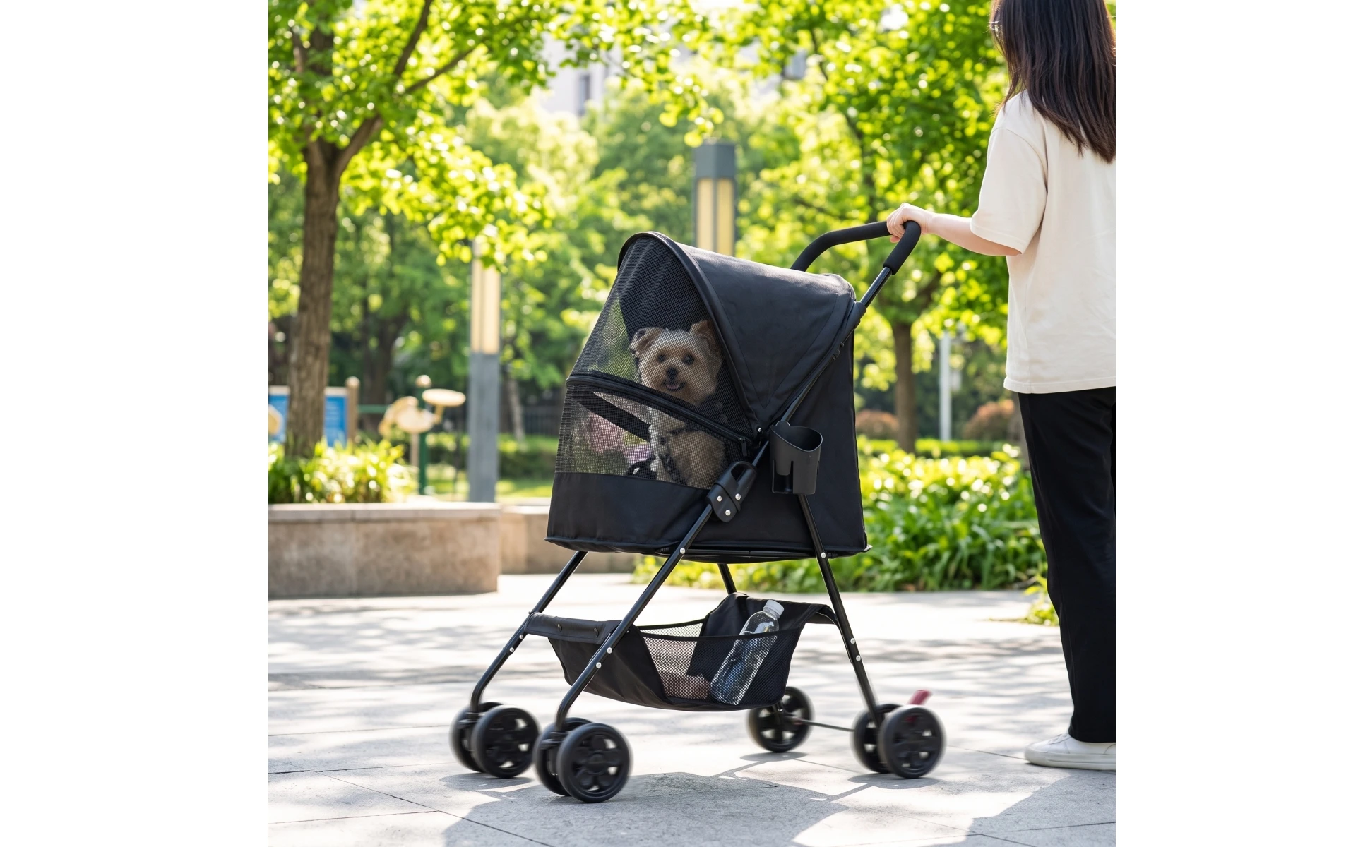 Pet Stroller with Cup Holder Collapsible Pet Stroller with Storage Basket Compact Portable for Small Dogs, Outdoor Walks, Travel