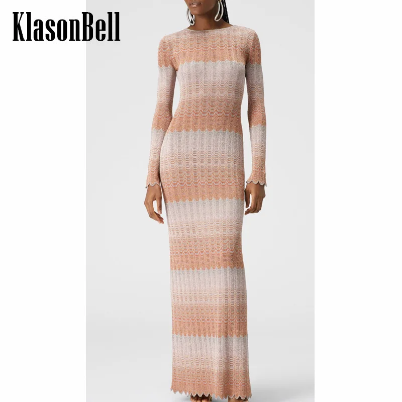 

8.7 KlasonBell Women Wave Striped Knit Jacquard Long Sleeve Dress Elegant Hollow Out Sexy Backless Slim Package Hip Maxi Dress