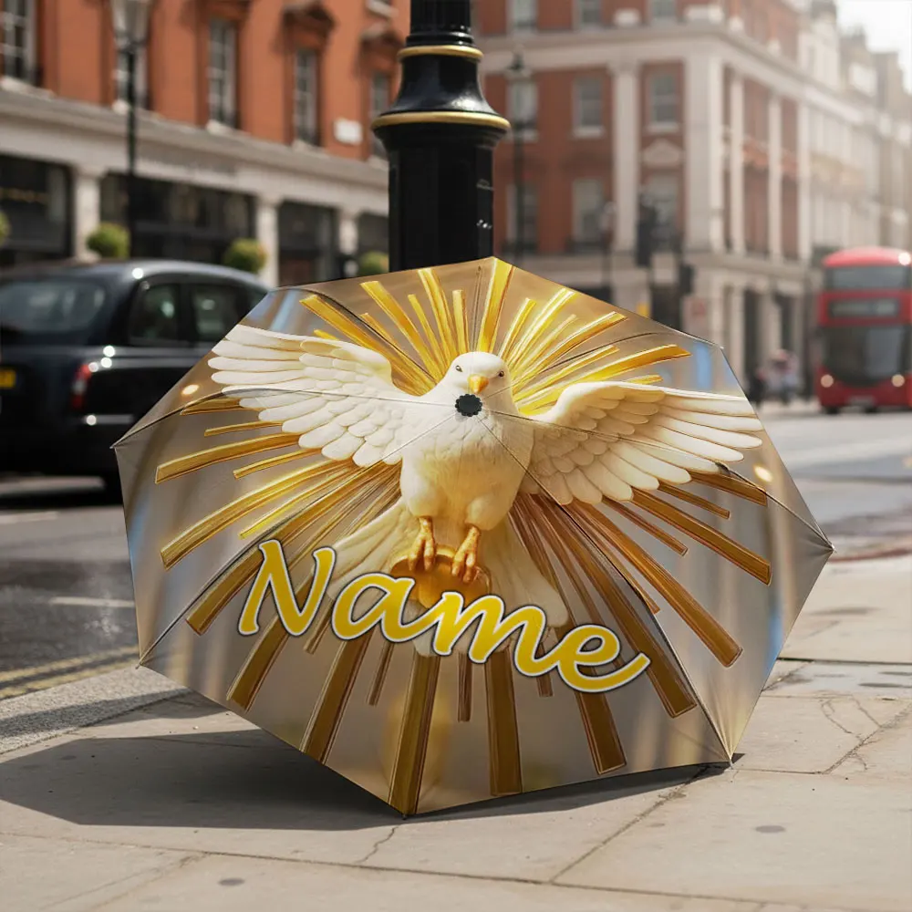 Custom Name Umbrella Holy Dove Golden Rays Print Folding Umbrella,Sun Rain Dual‑Use,Portable Travel Parasol For Religious Gift