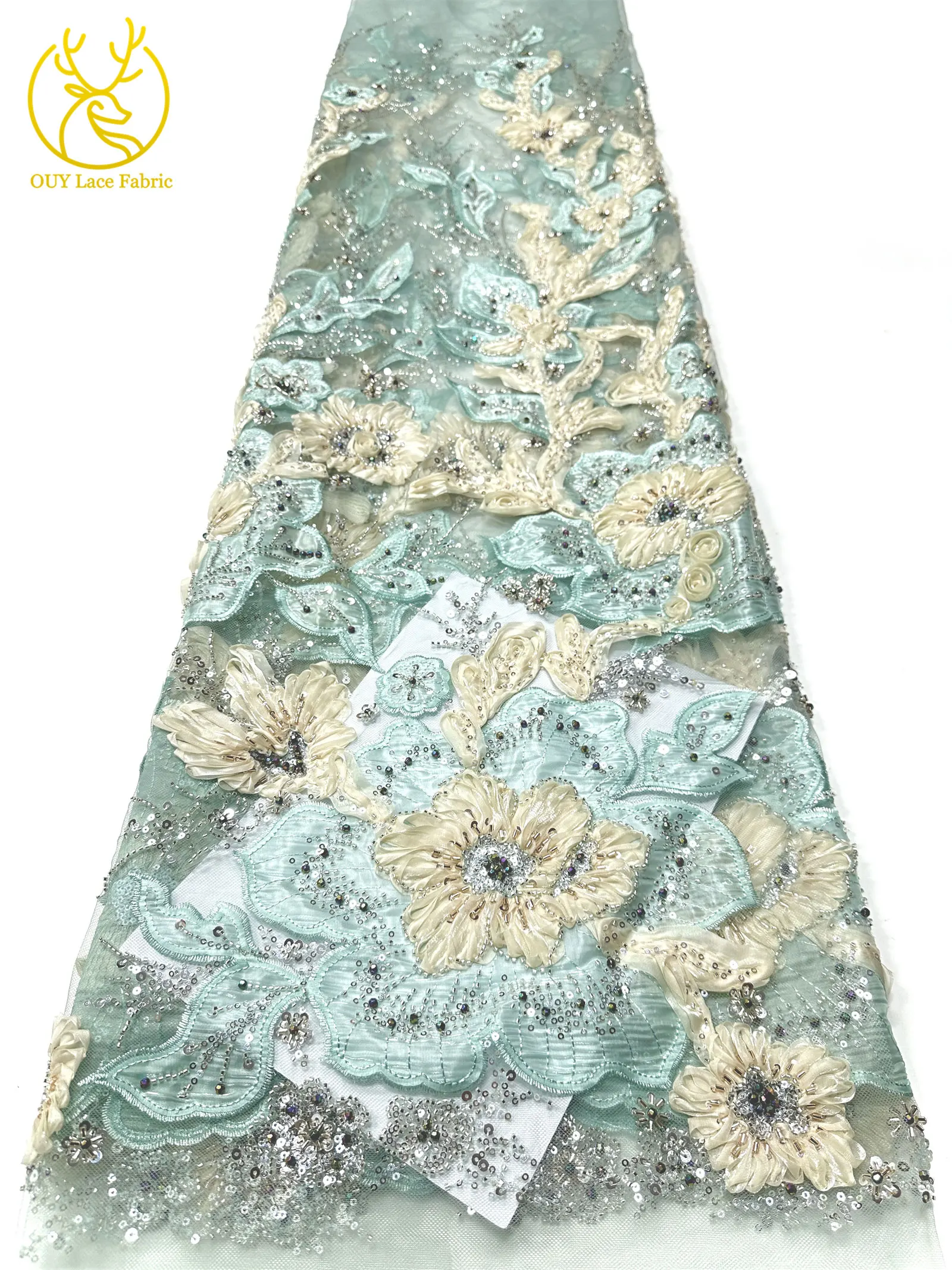 Marineblauer, wunderschöner afrikanischer Spitzenstoff mit Perlen und Pailletten, 3D-Blume, nigerianischer hochwertiger Tüll-Mesh-Spitzenstoff für Ballkleider, 5Y – Detail 22