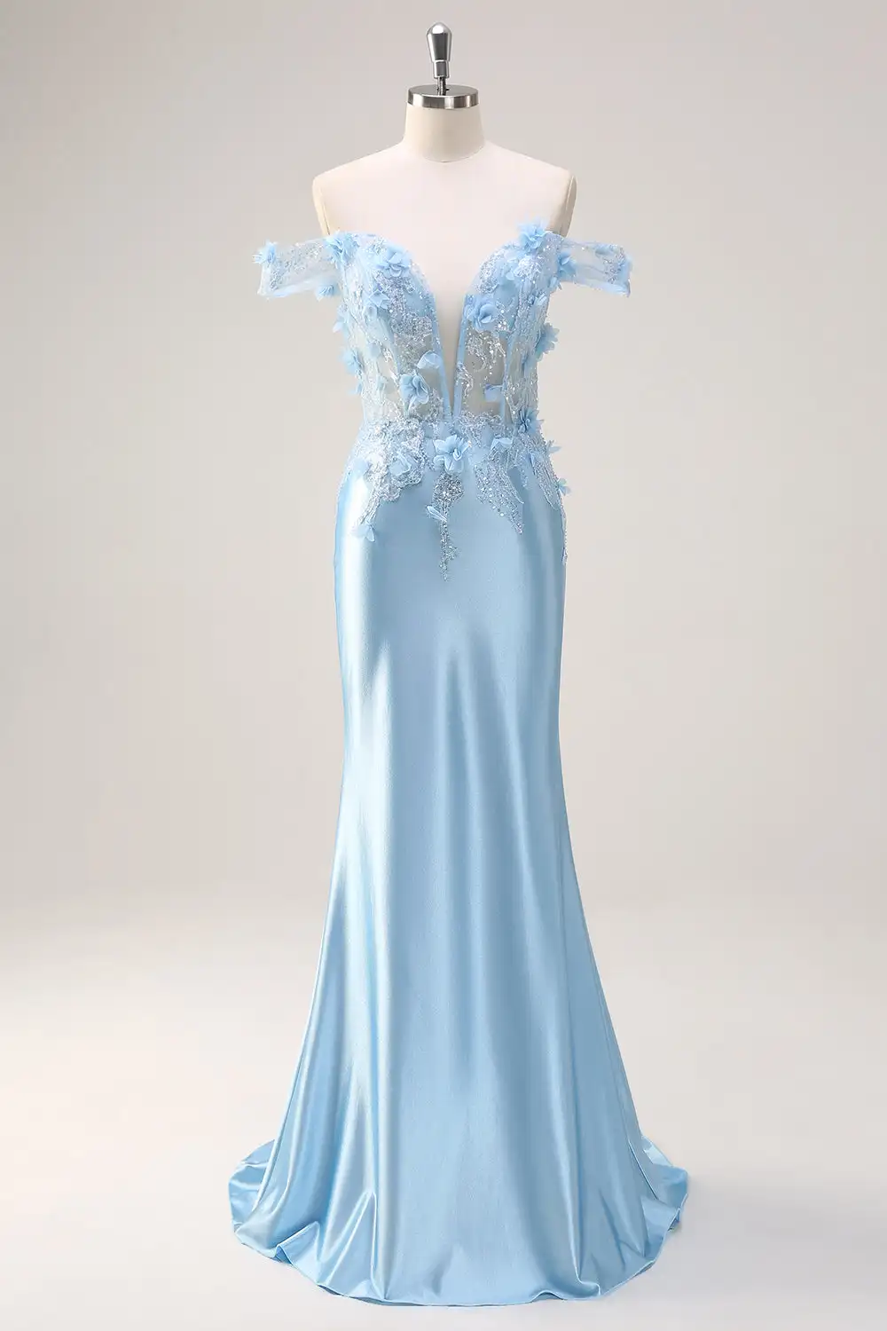 

Светло-голубое вечернее платье YMS с открытыми плечами, фасон «русалка», с 3D-цветочными кружевными аппликациями, из атласа