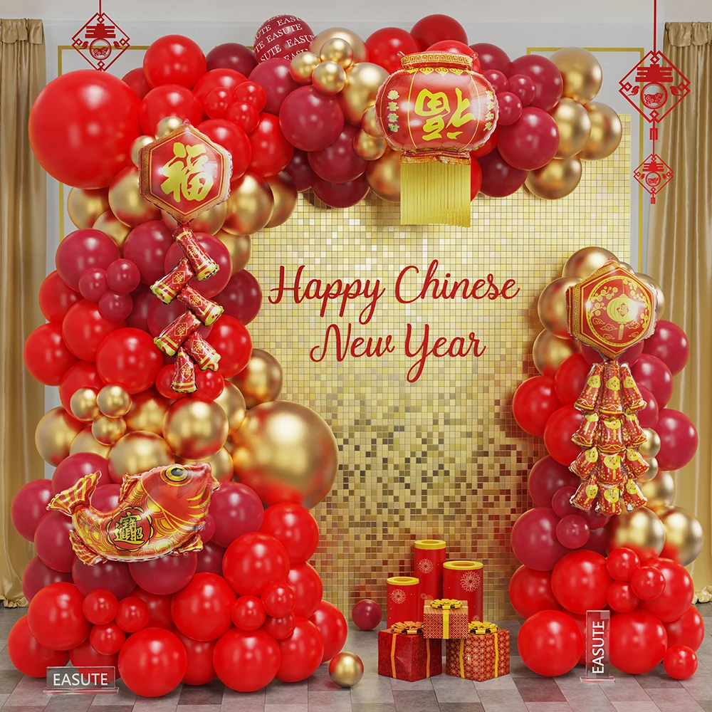 

122/123pcs Chinese New Year Balloon Arch Garland Kit Red Lantern Firecracker Foil Balloon 2025 Lunar Spring Festival Party Decor