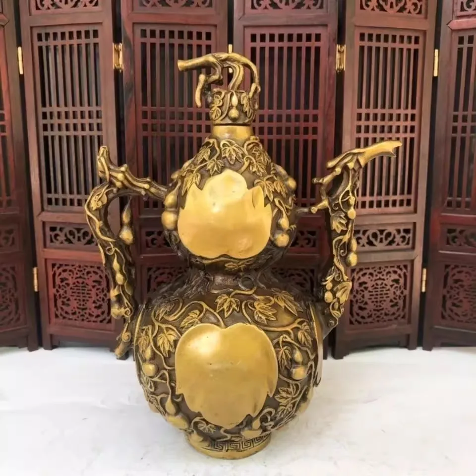 Chinese Brass Handmade Exquisite Gourd Shape Statue Teapot Ornament Crafts