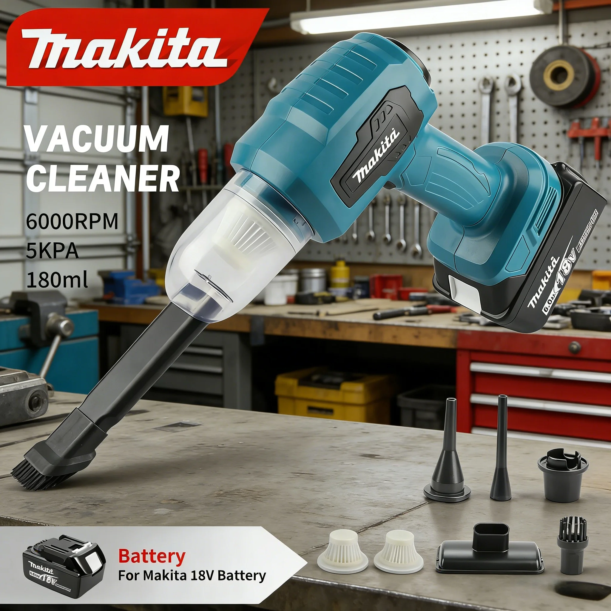 

Makita Cordless Vacuum Cleaner:200W,10000Pa,180ML 18V Capacity,7 Nozzles,For Efficient Car&Workspace Cleaning Tasks