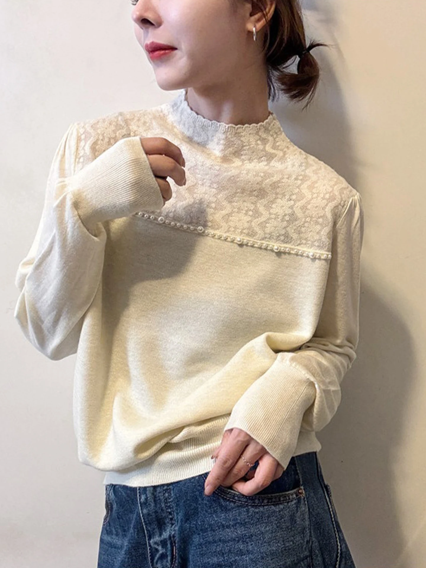 Hiver décontracté polyvalent trajet Long Sve tricoté Design Sense Bead embelli aérien f col haut couche de base haut pour...