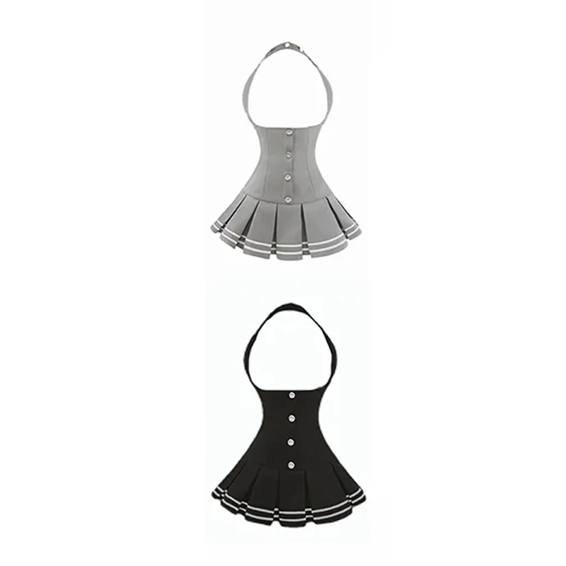 

Slimming College Style Jk Uniform Set Folded Shirt High Waist Color Block Overalls Skirt Fashionable Summer Women's Outfit
