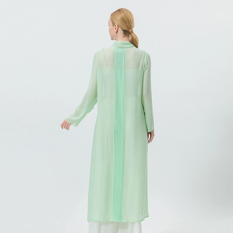 Silk Georgette Bean Green Long Sleeve Light and Micro-transparent Mid-long Cardigan Women Fashion Trench Coat FE132