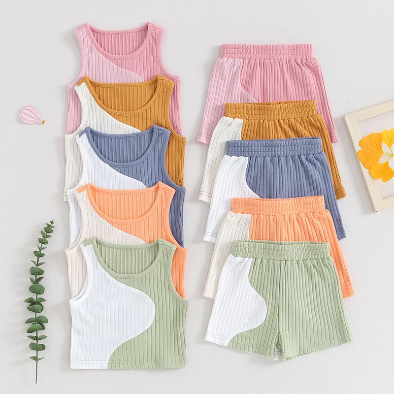 

Toddler Girls Boys Shorts Sets Summer Sleeveless Crewneck Contrast Color Vest Tops and Elastic Band Shorts 2pcs Set Kids Clothes