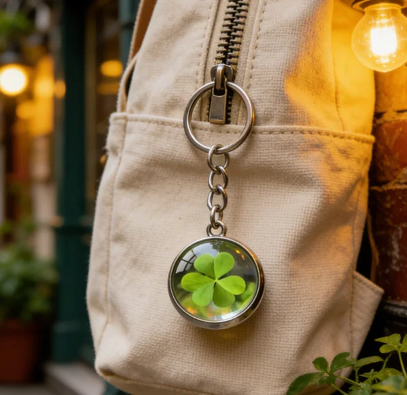 Clover Keychain Four Leaf Clover Glass Ball Double Side Pendant Metal Keyring Lucky Jewelry Gift for Men Dropshipping Figurines