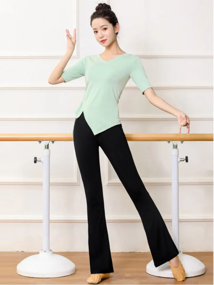 Solid Color Latin Dance Practice Suit Stage Ballroom Jazz Competition Costume Line Short Sleeves Drawstring Top Women Waltz Pant