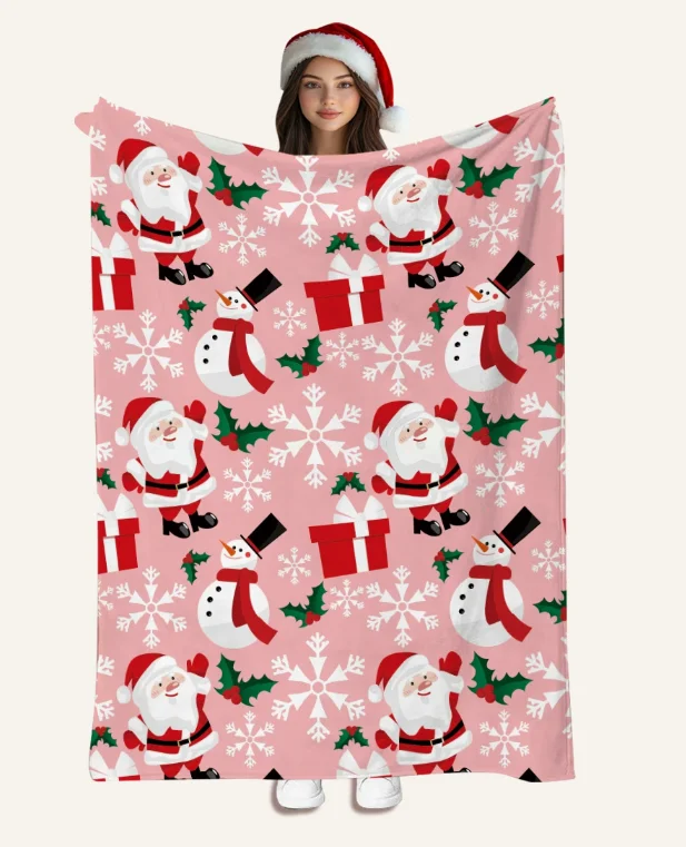 Pink Santa Snowman Christmas Flannel Blanket, Snowflake Holly Gift Box Throw Blanket Home Decor CozyCouch Bed Christmas Gift