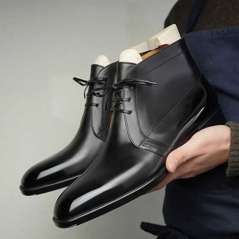 Business Men\'s Short Boots Blue Lace-Up Square Toe Ankle Boots Brown Black Handmade Men\'s Boots Vintage