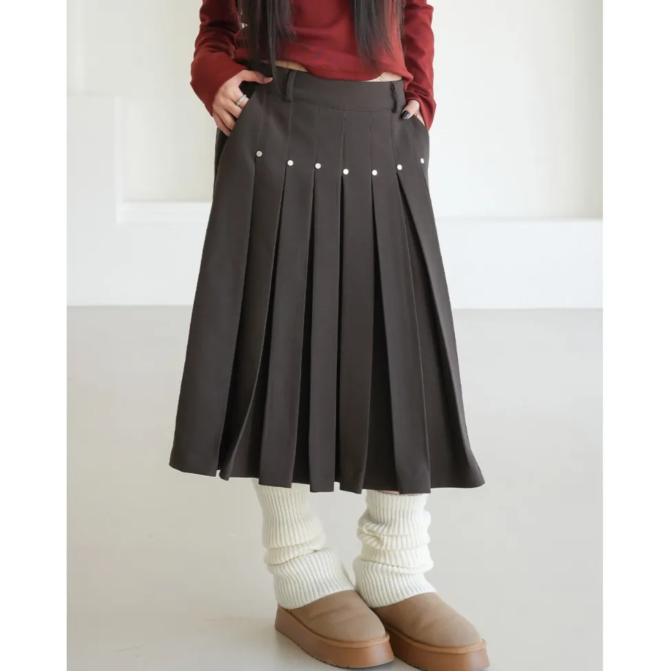 Street Style Metal Rivet Elastic Waist Long Skirt Design Casual High Waist Pleated Midi Skirt for Women Polyester Fiber
