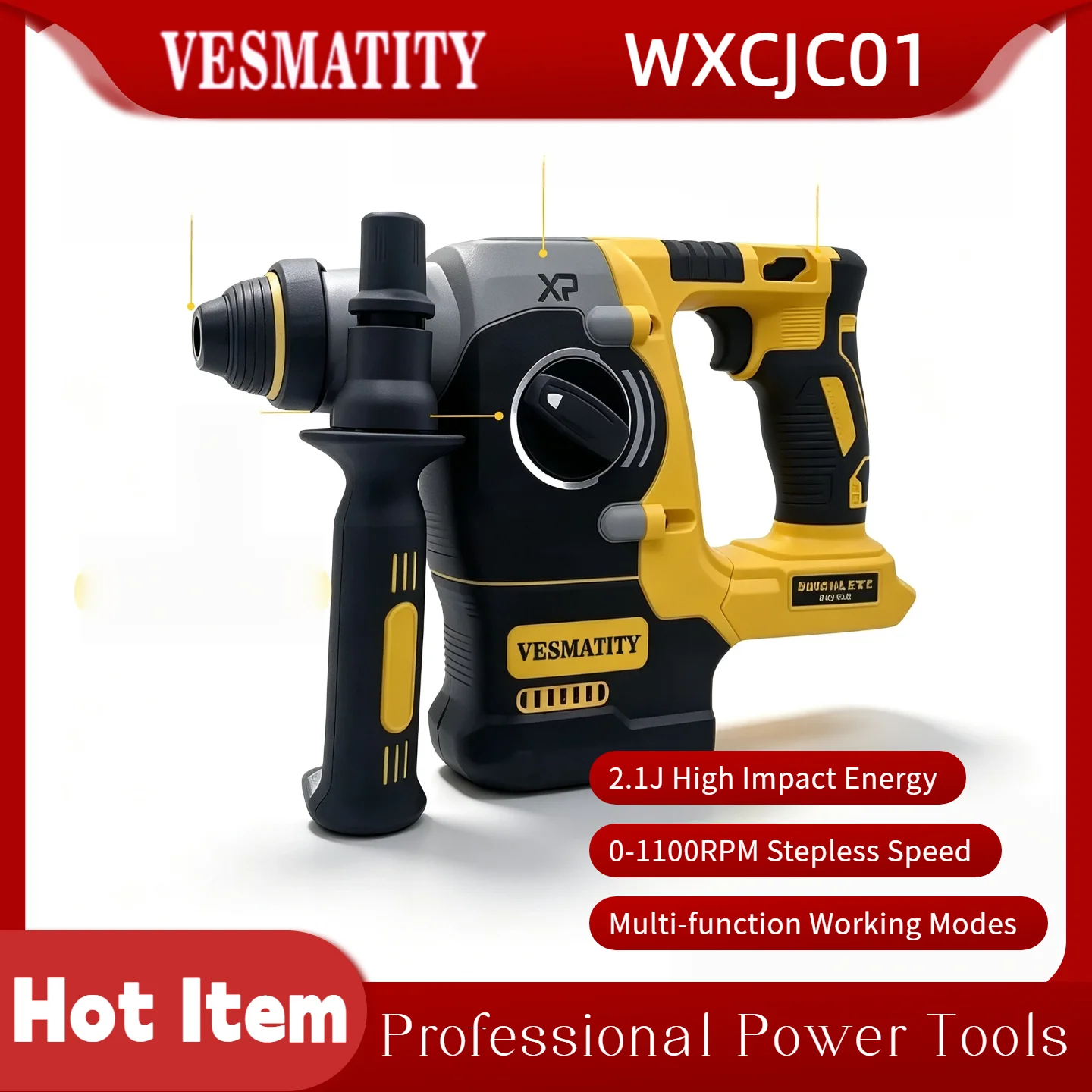 Vesmatity DCH273 Rotary Hammer Drill SDS‑Plus Brushless 2.1J Impact Energy 360° Rotatable Handle for DeWALT Battery