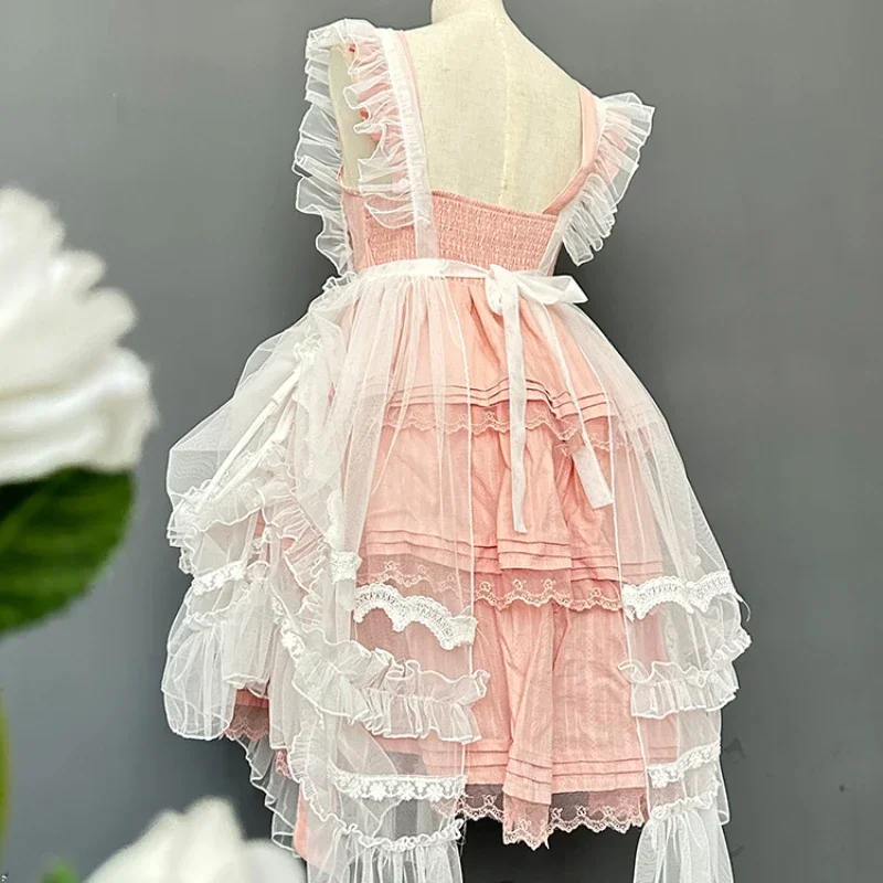 Japanse Sweet Lolita Schort Sheer Mesh Verstoorde Kanten Jurk Vrouwen Kawaii Gothic Lolita Zwart Kant Prinses Jurk