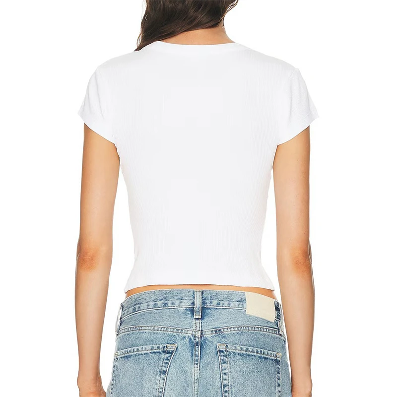 Y2K High-Quality Round Neck Single-Breasted Ribbed Knit Cotton Short-Sleeve T-Shirt Women's Fashionable Slim Fit Top, Base Layer