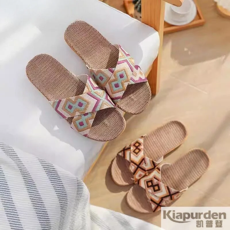 Home Linen Slippers Soft Bottom Anti-Slip Men's Summer New Wicker Grass Woven Indoor Floor Cool Thick Bottom Can Be Worn outside