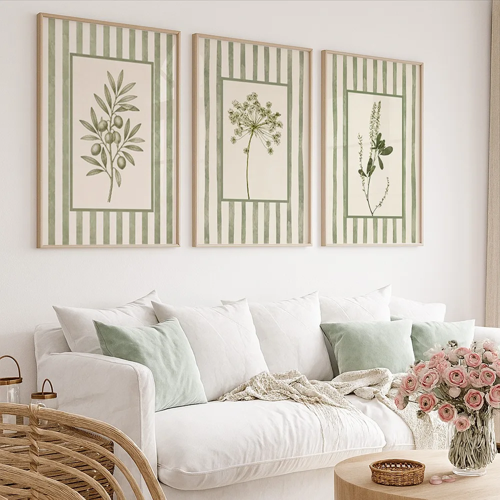 3pcs Frameless, Sage Plant Specimen Series Canvas Poster Simple Green Striped Single Stem Flower Art Retro Style Wall Decoration