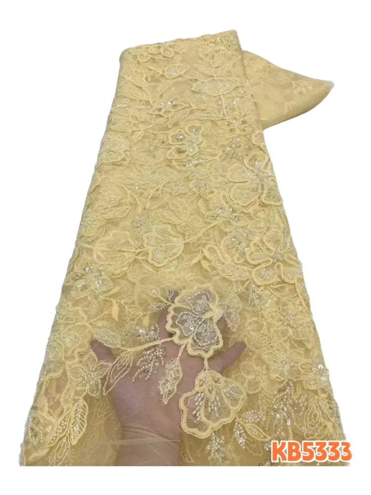 

3D-кружевная ткань с цветочным узором и бисером, французское сетчатое кружево, африканские белые кружевные ткани, 5 ярдов, высококачественный тюль с бисером для шитья KB5333