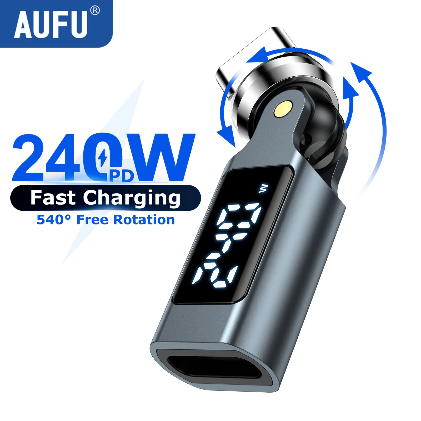 AUFU 240W 5A Type-C adapter USB-C naar Type-C digitale display vrouwelijke converter voor iPhone 17 Samsung S26 540° rotatie OTG adapter