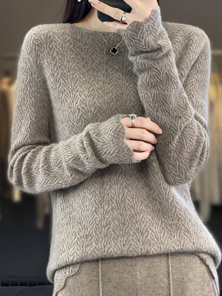 Pure Cashmere Sweater Women\'s Round Neck Hollow Pullover Sweater Solid Color Loose Sweater Knitting Long Sleeve Top Winter 2024