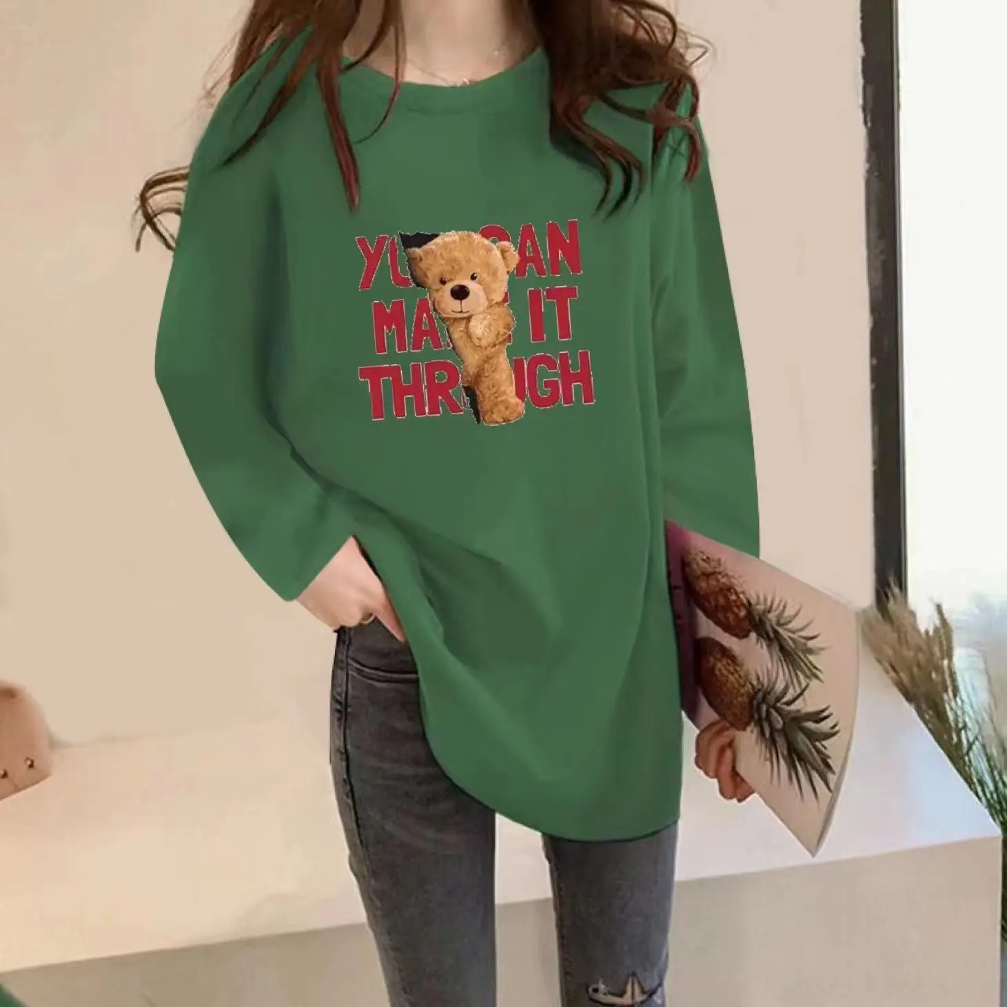 Cotton Long Sleeved T-shirt Women 2023 Autumn New Korean Loose Cartoon Print Medium Length Casual All-match Lady Classic Top