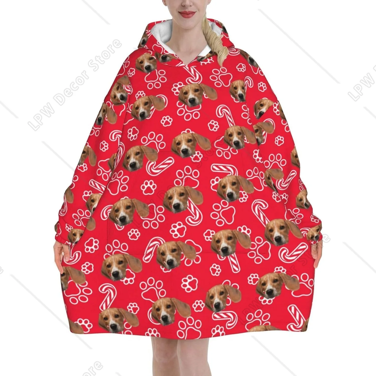 Custom Wearable Blanket Hoodies Personalized Face Photo Text Sweatshirt Hooded Blankets for Women Men Christmas Gifts