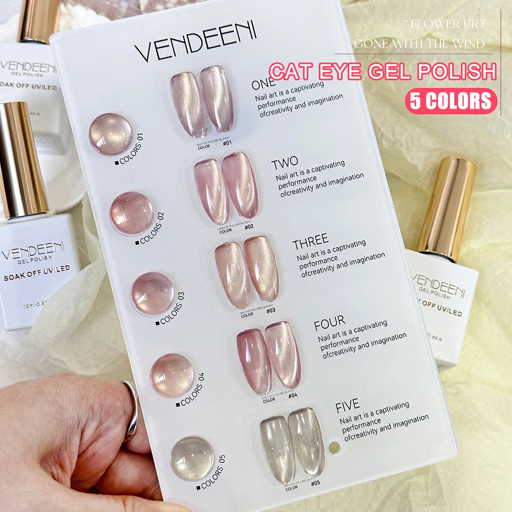 Vendeeni 5 Farben Pfirsichrosa Kristall-Katzenaugen-Gel-Nagellack-Set Magnetischer UV-LED-Gel-Lack Glasperlen-Katzenaugen-Gel mit Display – Detail 13