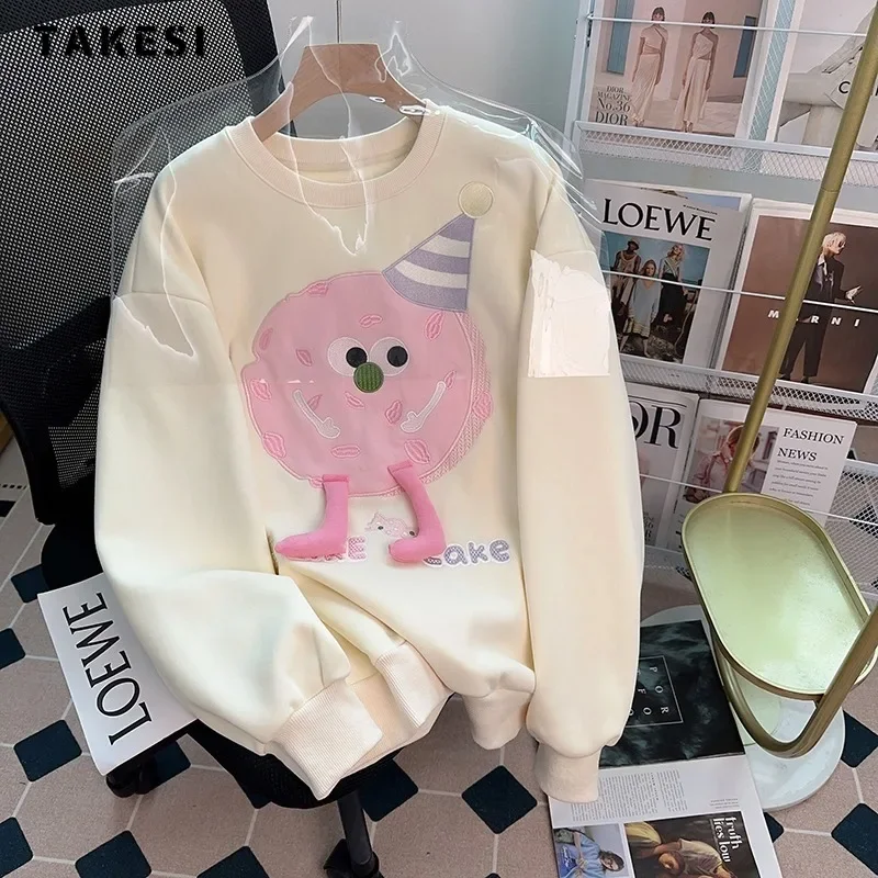 Women's Long Sleeve Casual Sweet Y2K Cartoon Print Sweatshirts 2023 Winter Korean Chic Style Loose Female Fashion Cute Top